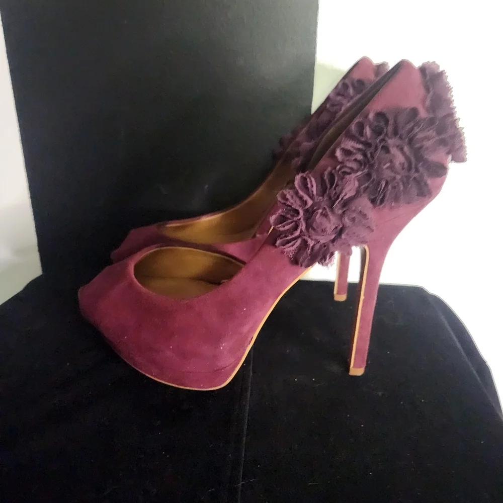 Zara Suede Purple Peep-Toe Heels - Picture 4 of 7